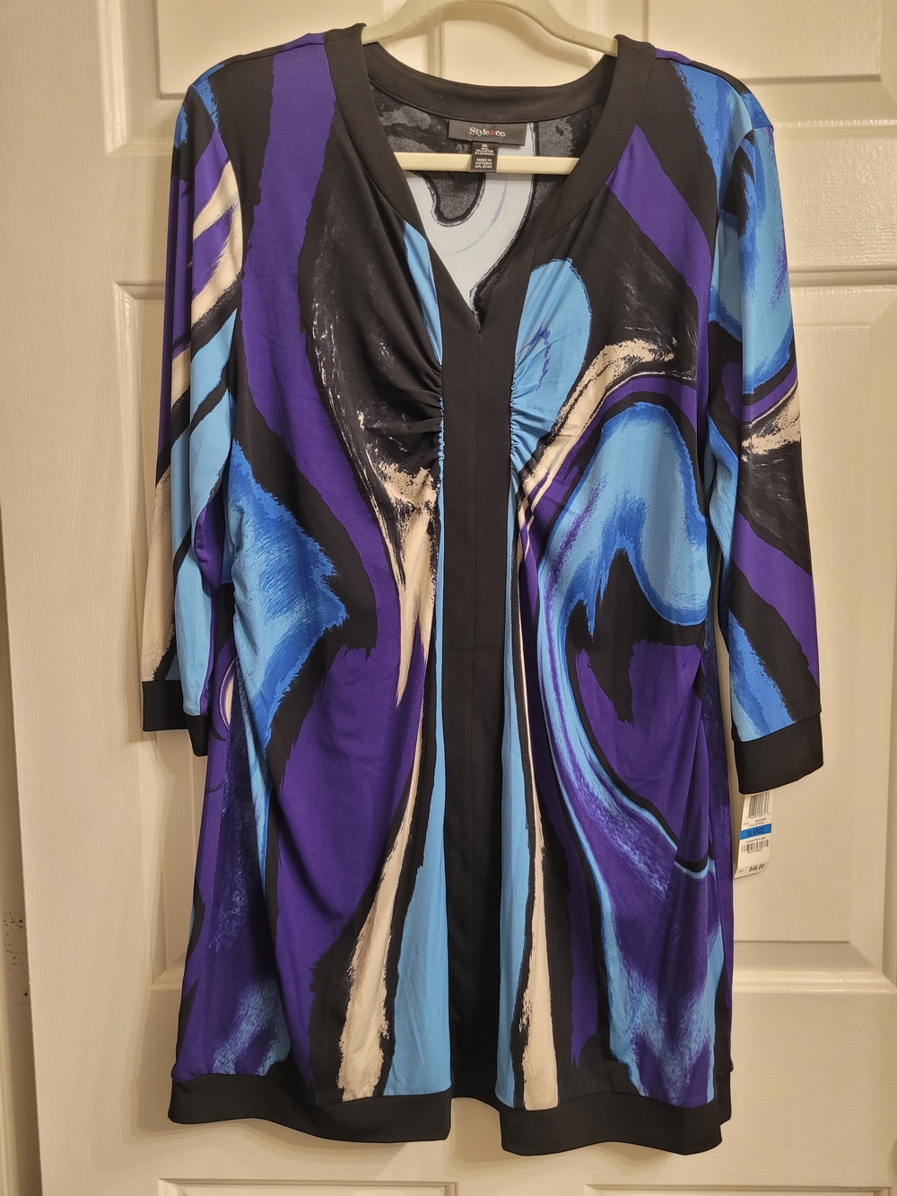 Style & Co Abstract Swirl Print Tunic Top Blue Purple Ruched V-Neck 3/4 Size XL